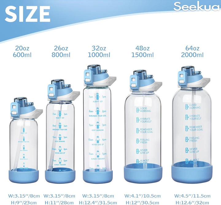 Seekua 0.6l Sport Trinkflasche Glas Flasche mit Strohhalm & Zeitmarkierung für Kinder, Schule 600ml