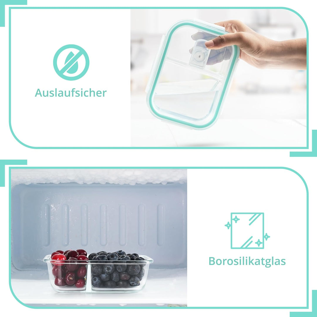 Winter Shore Meal Prep Boxen Glas mit 2 Fächern (5er-Pack) - Lebensmittelsichere, BPA-Freie, Auslauf