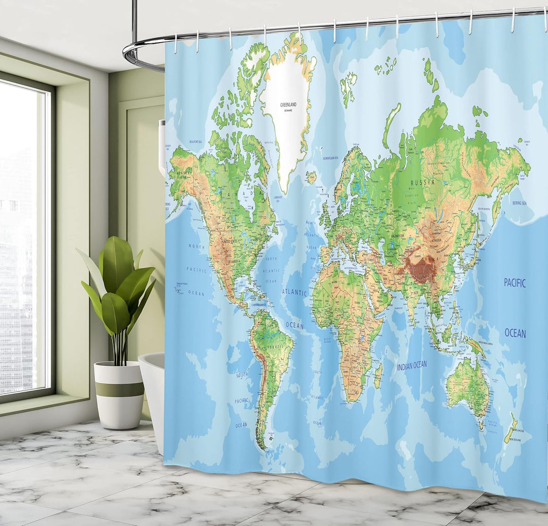 ABAKUHAUS Weltkarte Duschvorhang, Topographische Bildung, mit 12 Ringe Set Stielvoll Modern, 175x200