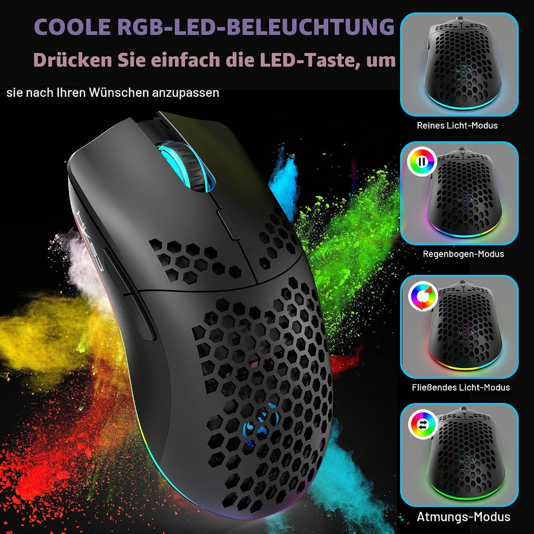 T66 PC Gaming Mouse, BT/2.4G Wireless/Wired, Lightweight Honeycomb Shell, Macro Program, Cool RGB Li