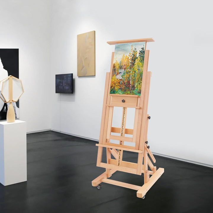 Extra grosse Kunstmalstaffelei aus Massivholz, Höhenverstellber Holzstaffelei mit Rollen &amp; Tablett,