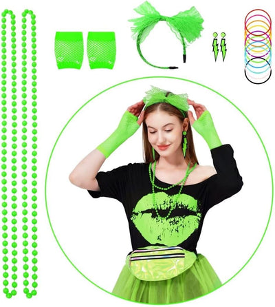 80er Jahre Outfit Damen Set, T-Shirt, Tutu, Gürteltasche, Stirnband, Ohrring, Halskette, Netzhandsch