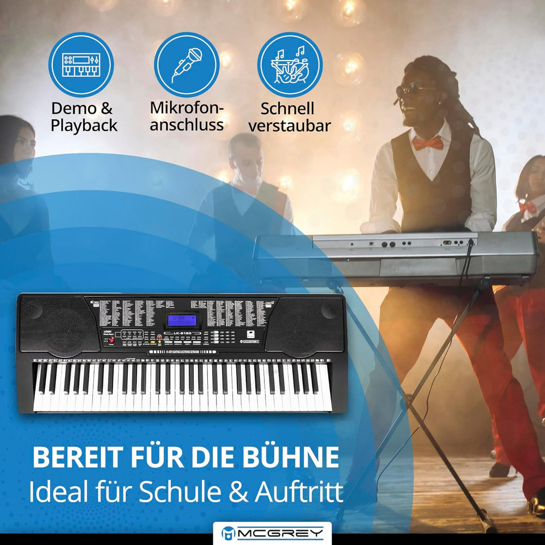 McGrey LK-6150 61 Tasten Keyboard Set - Einsteiger-Keyboard mit 61 Leuchttasten - 255 Sounds und 255
