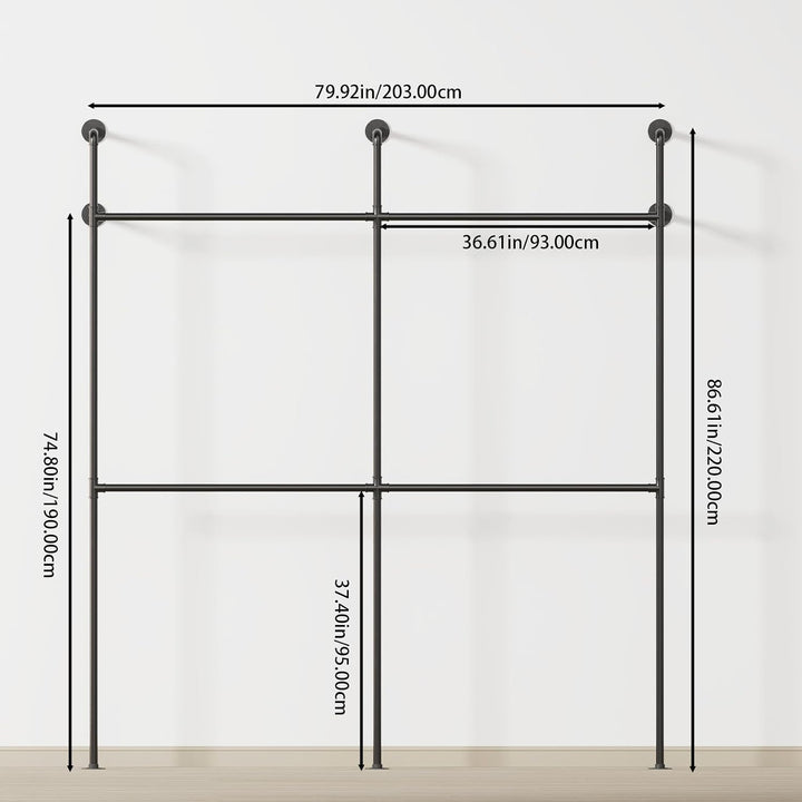 Kleiderstange Wandmontage,Offener Kleiderschrank System,203x220cm | Kleiderständer Industrial 300kgT