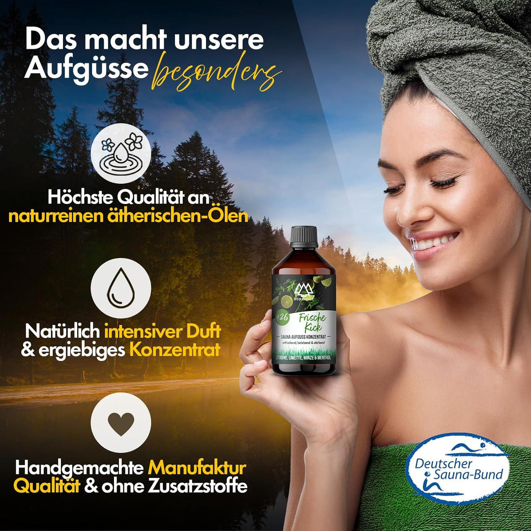 NORDHOLZ® Saunaaufguss [54 Sorten 15ml, 100ml, 250ml] - Sauna Aufgussmittel für intensive & erholsam