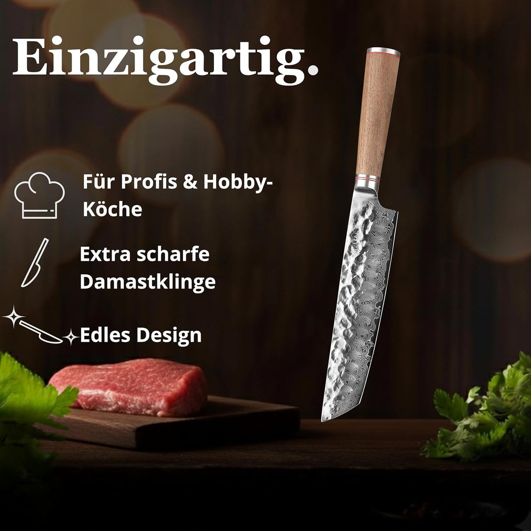 Wakoli Nussbaum Chefmesser Tanto, 20 cm Klinge aus 67 Lagen Damaststahl mit VG10 Kern, V Schliff 15°
