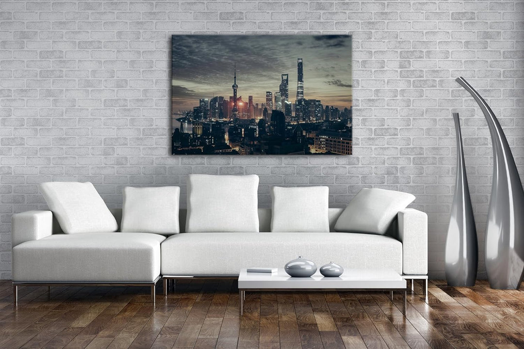 deyoli einnehmende Skyline Format: 80x60 als Leinwandbild, Motiv fertig gerahmt auf Echtholzrahmen,