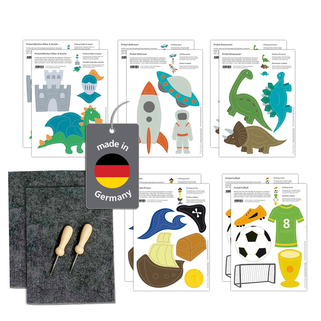 Familienmomente Maxi-Bastelset zum Prickeln Abenteuer, 10 Vorlagen (2x Ritter, 2x Dinos, 2x Weltraum