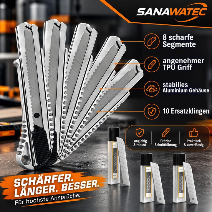 SANAWATEC 5x Cuttermesser profi 18mm + 30x Abbrechklingen Teppichmesser profi Katamesser cutter mess