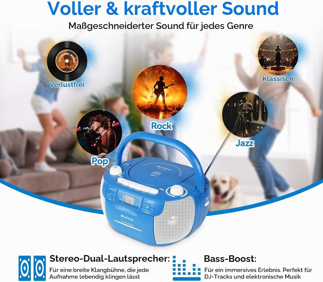 Retekess TR621P CD Player mit Kassette, Kassettenspieler, AM FM Radio, Drahtlose Verbindung, USB/TF/