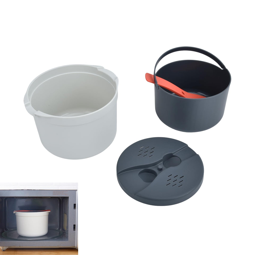 2L Mikrowellen-Reiskocher-Set, Lebensmittelechtes PP-Material, Reislöffel-Deckelsieb, Dampftopf für