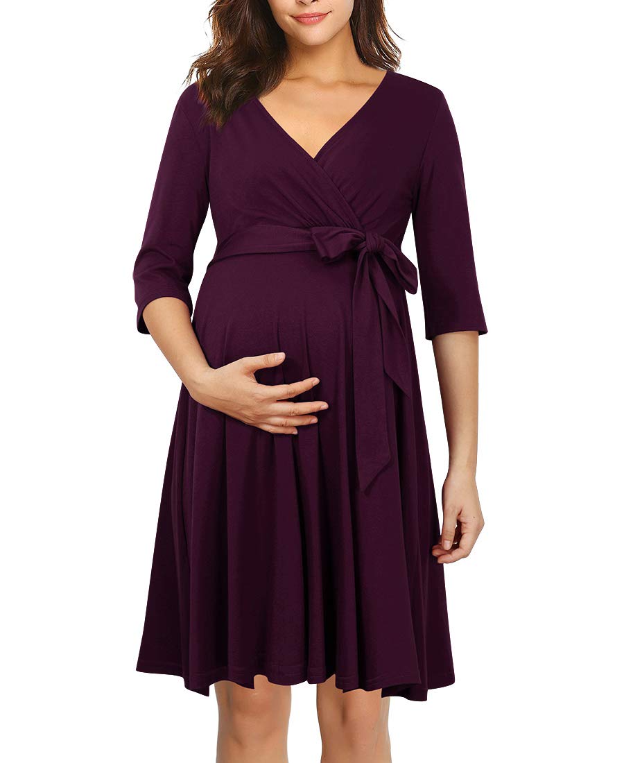 KOJOOIN Damen Umstandskleid Schwangerschafts Kleid für Schwangere Stillkleid V-Ausschnitt Langarm mi