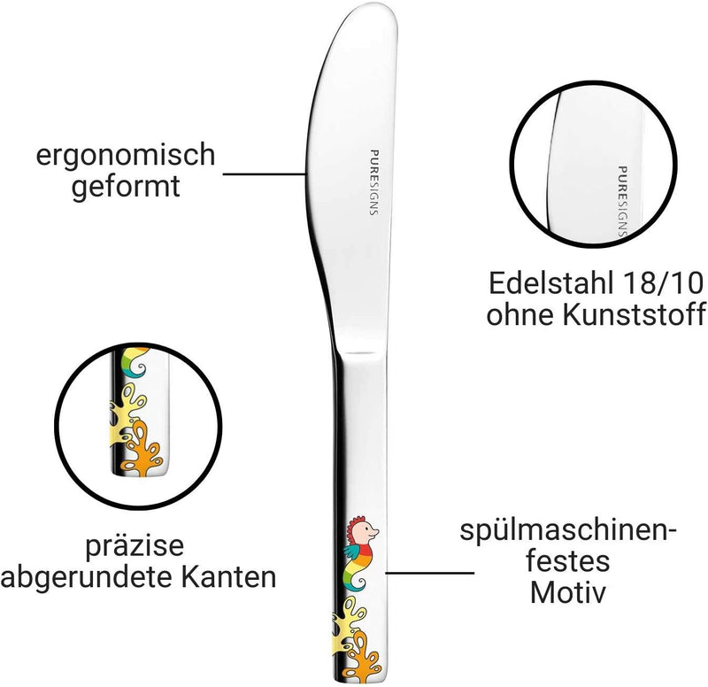 Puresigns Kinderbesteck 4-teilig TOJA Meerjungfrau Motiv -Edelstahl, kindgerecht & spülmaschinenfest