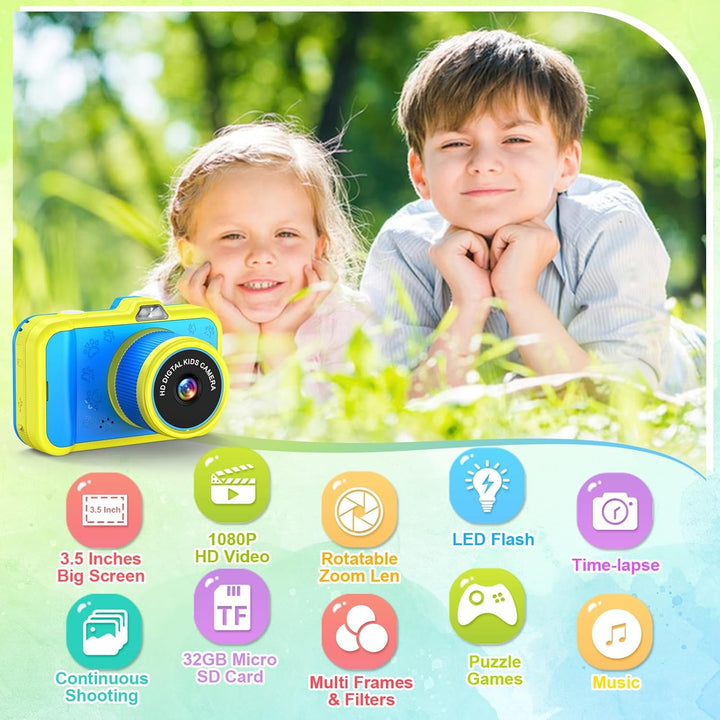 Kinderkamera, Ushining 3,5" Grossbildschirm Kinder Kamera mit 360° Drehbares Zoomobjektiv LED-Blitz