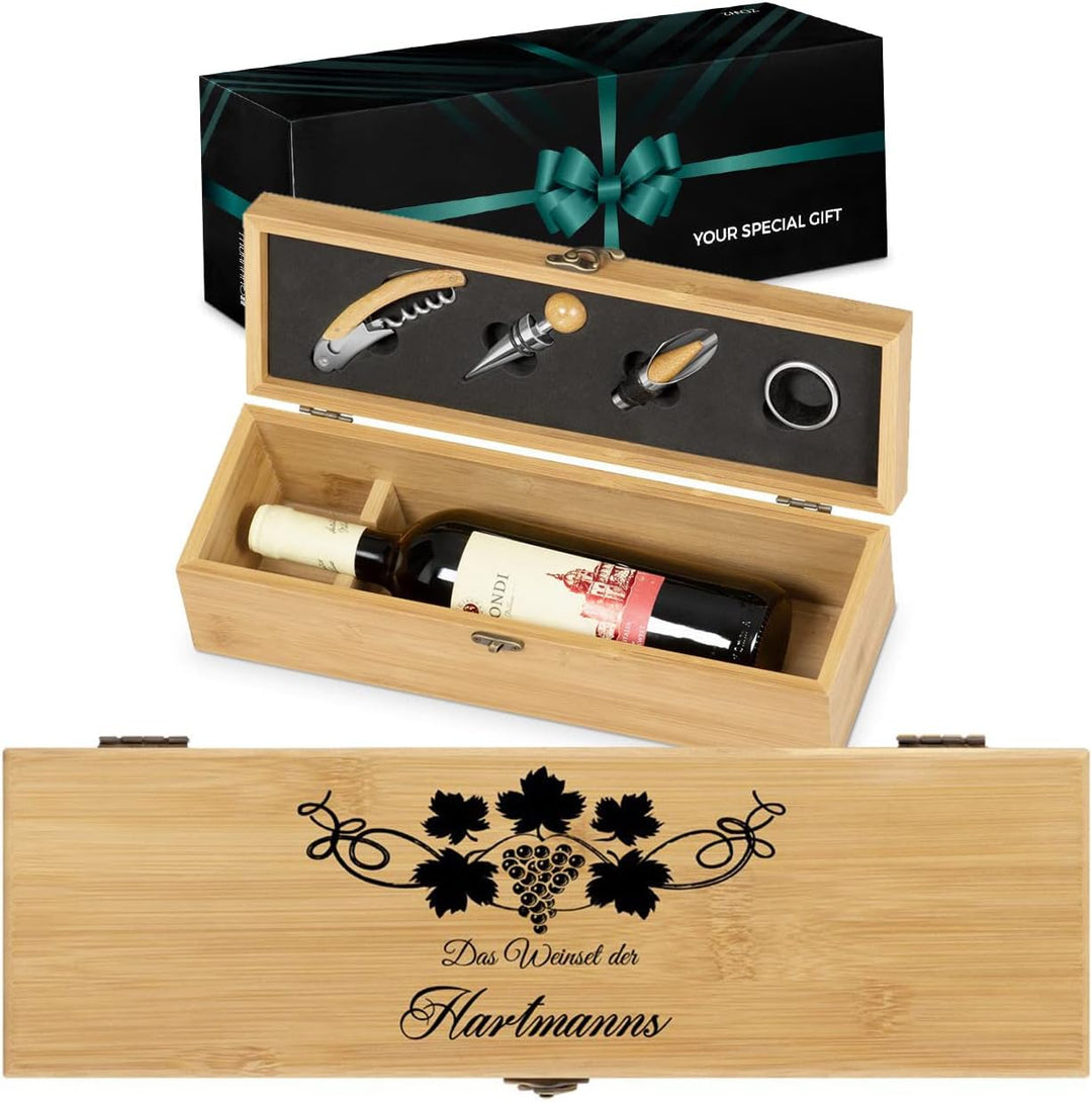 Maverton Weinbox für 0,7L Weinflasche - Wein Holzbox personalisiert + 4er Weinzubehör - Weinset Wein