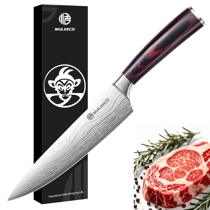 WULECCO Kochmesser 20cm, Proffi Küchen Chefmesser aus Hochkohlenstoffstahl, Ultrascharfe 15° Doppel-