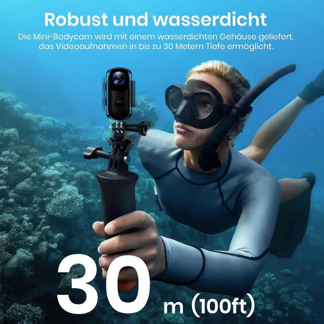 Action Cam, Mini-Actionkamera, Bodycam 120°-Weitwinkel, wasserdicht bis 30 m, freihändige POV, 150 M