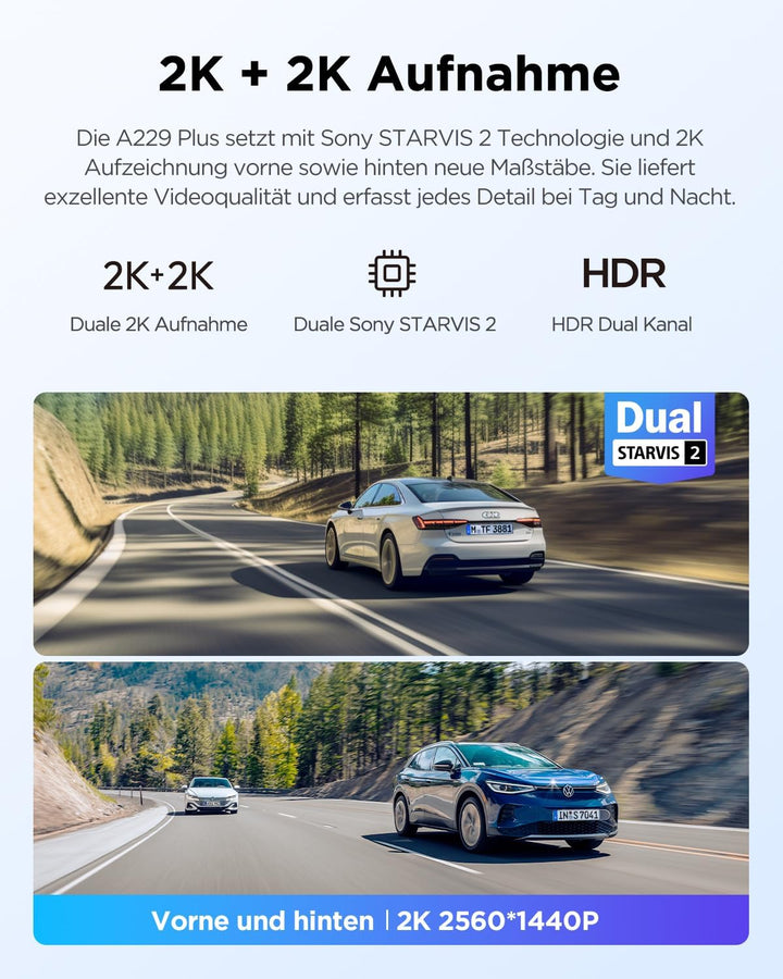 VIOFO A229 Plus 2K + 2K Dual STARVIS 2, HDR Vorne hinten Dashcam Auto, Sprachsteurung & 5GHz Wi-Fi W