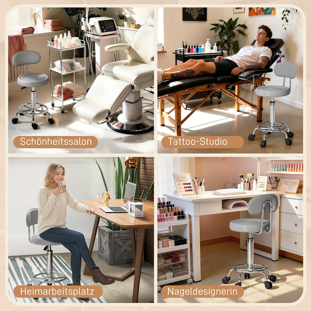 HOMCOM Rollhocker höhenverstellbar Drehhocker Drehbar Salon Hocker mit Lehne, Rädern, Arbeitshocker