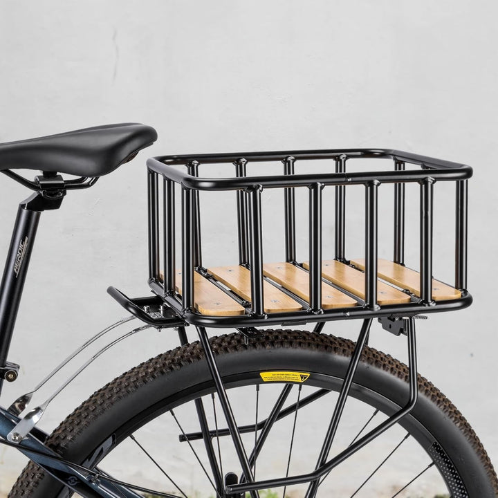 CXWXC Fahrradkorb Hinten – Grosser Gepäckträger-Korb mit Holz-Boden, wasserdichter Abdeckung & Cargo