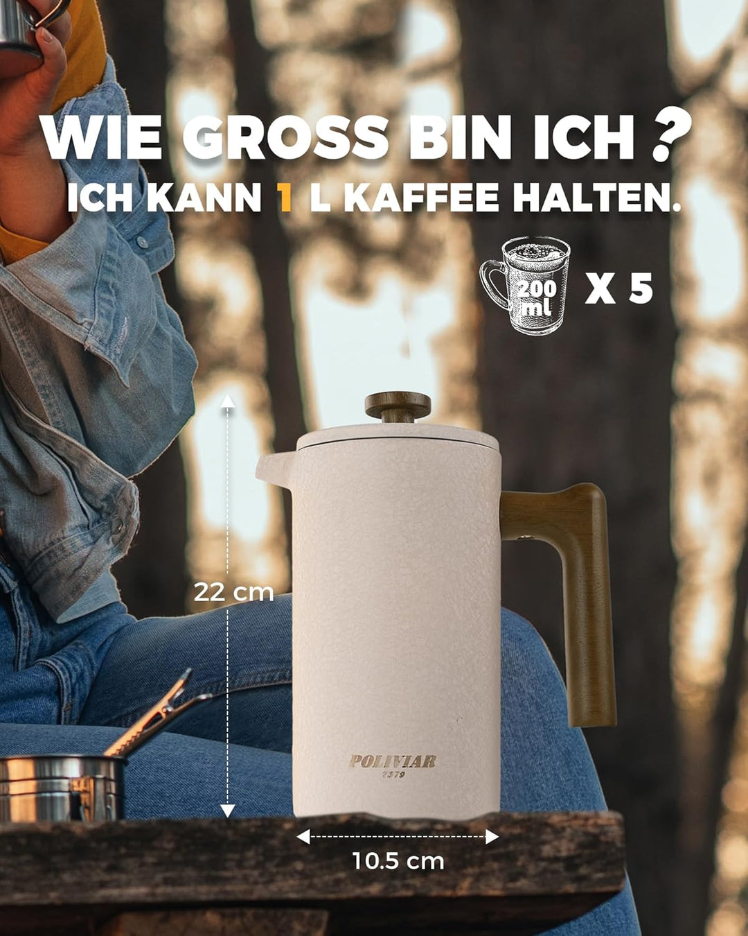 Poliviar French Press Kaffeebereiter 1 Liter/8 Tassen, Doppelwandige Isolierte Kaffeekanne, Handfilt