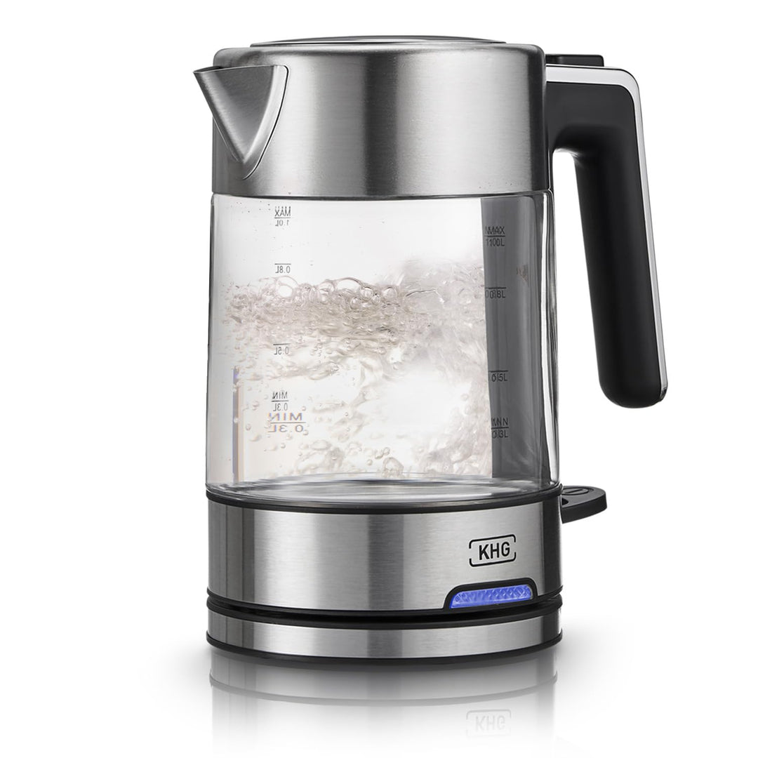 KHG Wasserkocher WK-106 GE Glas, 1 Liter, abwaschbarer Kalkfilter, Wasserstandsanzeige, Öffnen per K