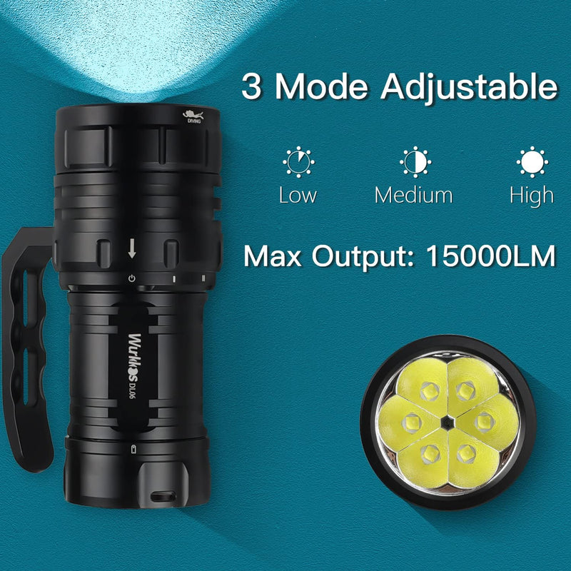 Wurkkos DL06 Tauchlampe, 15000 Lumen Tauchen Taschenlampe Wiederaufladbar, 6* XHP50.2 LEDs Unterwass