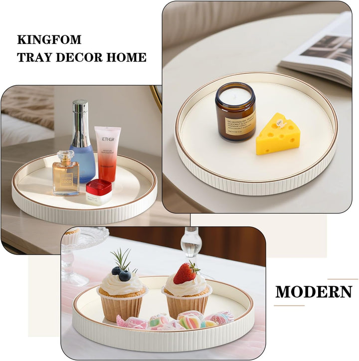 KINGFOM Tablett Serviertablett Gross Deko Tablett Rund Ø 30 cm | PU Leder Dekotablett Valet Tablet f