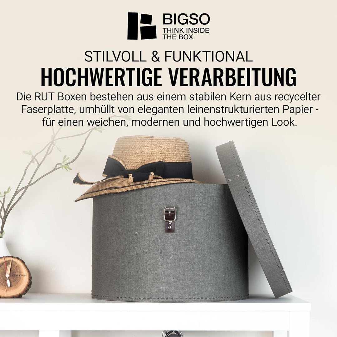 BIGSO RUT 2er-Set Aufbewahrungsbox mit Deckel – runde Ordnungsbox mit Lederriemen – grosse und klein