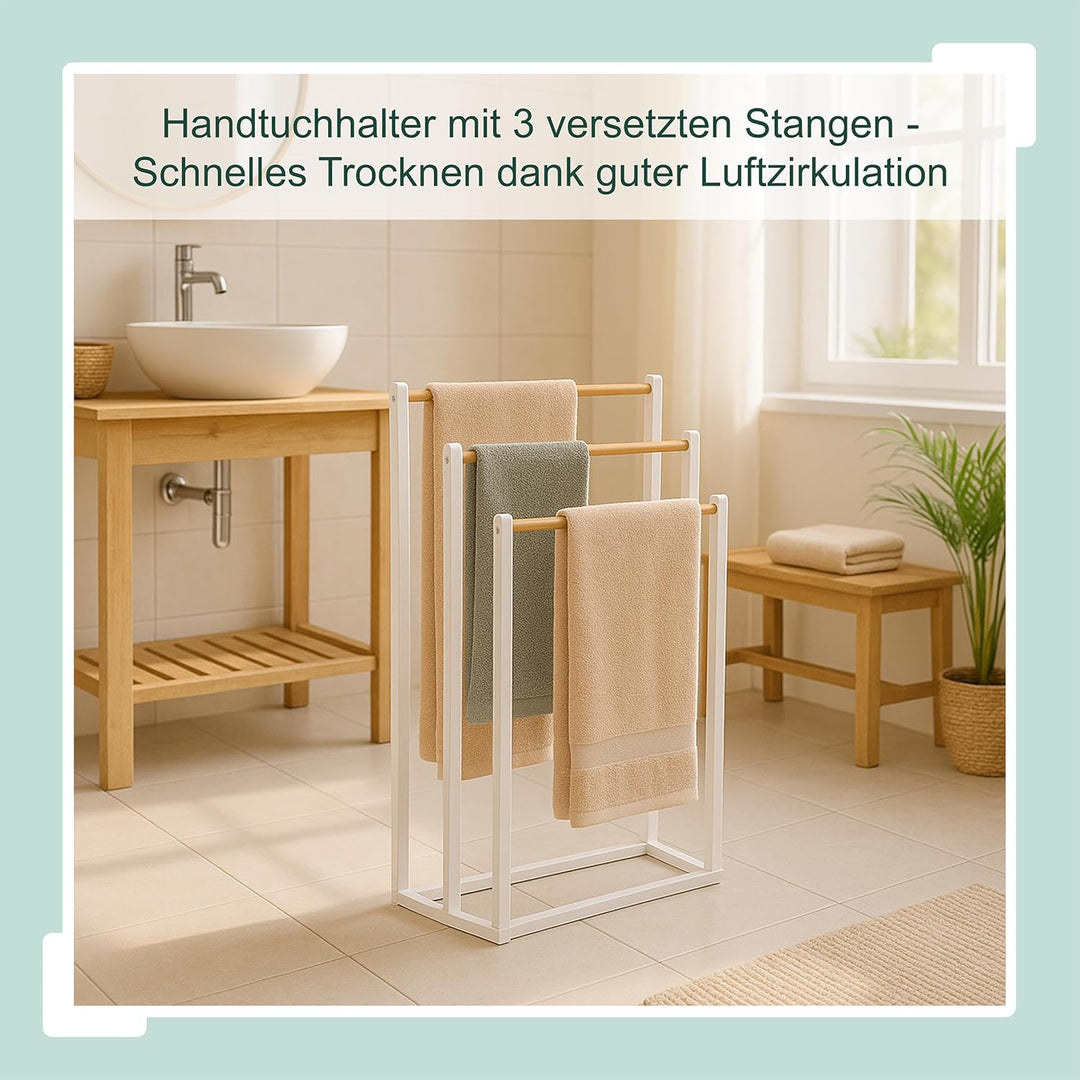 Relaxdays Handtuchständer, HxBxT: 76 x 45 x 21,5 cm, Metall, Bambus, 3 Stangen, Handtuchhalter stehe
