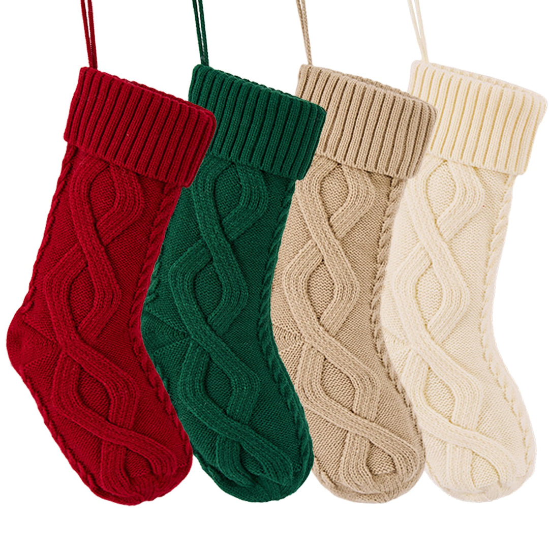 Weihnachtsstrümpfe, 4 Stück, gestrickt, Burgunderrot, Grün, Familien-Ornament, Strümpfe, Kamin, Weih