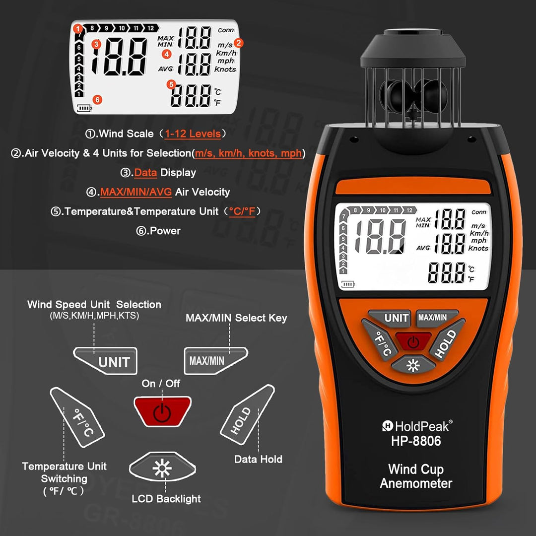 HoldPeak 8806 Windmesser, digital, Windgeschwindigkeit, Meterware, 4 Cups Windgeschwindigkeit, 0,7 ~