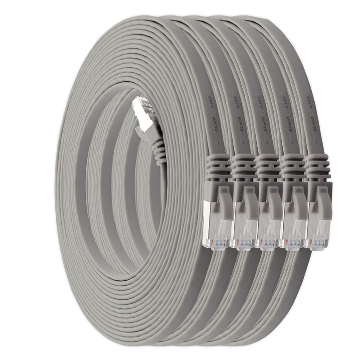 1aTTack.de 10m - grau - 5 Stück Cat7 Flachkabel Netzwerkkabel Cat 7 Rohkabel Gigabit Lan (10Gbit/s)