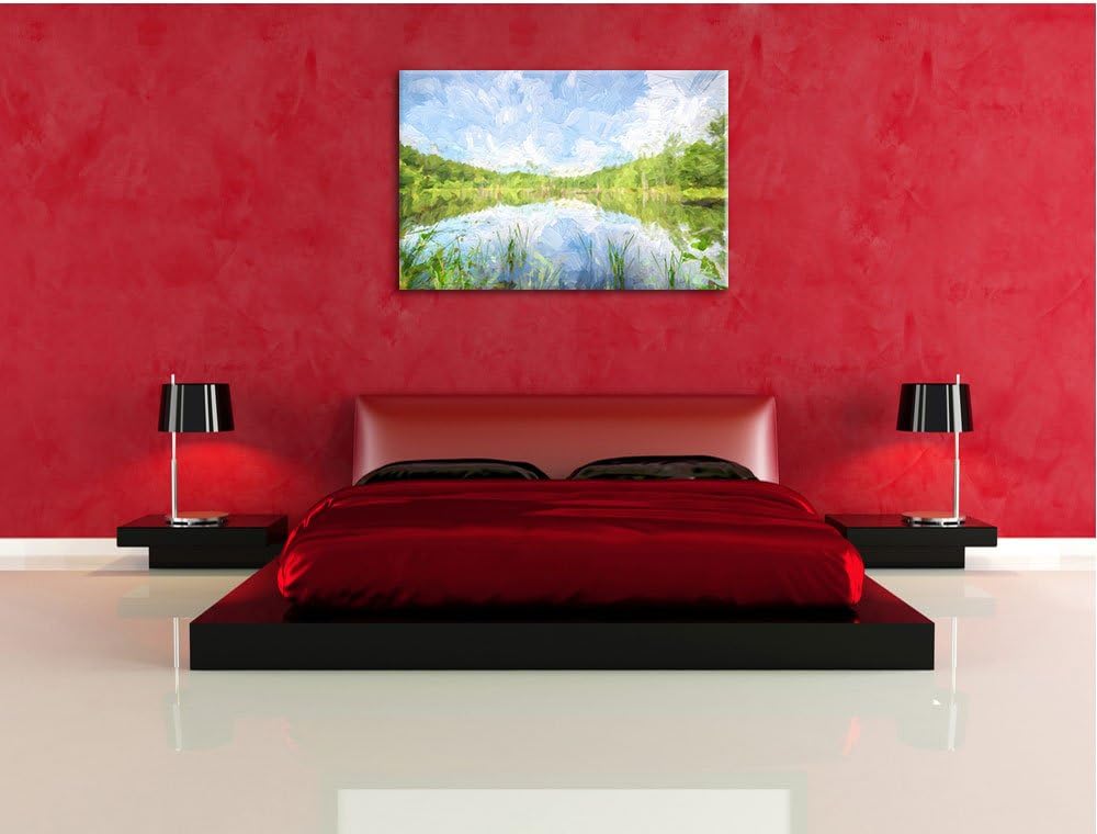 See im Wald Pinsel Effekt, Format: 100x70 auf Leinwand, XXL riesige Bilder fertig gerahmt mit Keilra