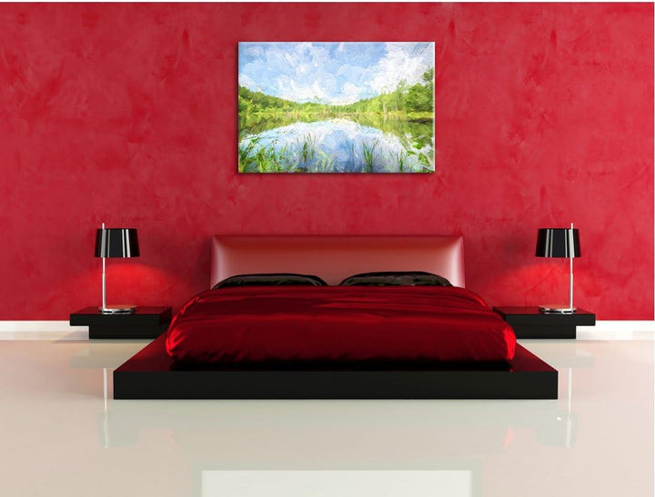 See im Wald Pinsel Effekt, Format: 100x70 auf Leinwand, XXL riesige Bilder fertig gerahmt mit Keilra