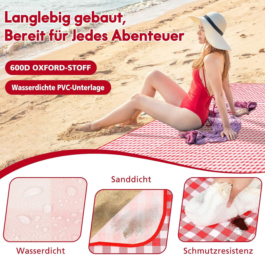 Picknickdecke 200x200 cm, Sandfest Stranddecke Wasserdicht Campingdecke, Waschbar Leichtgewicht mit