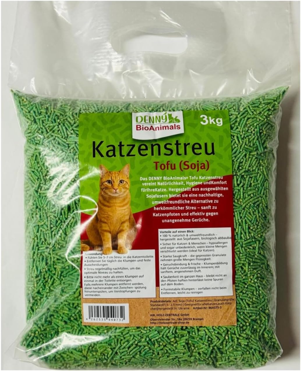 Tofu Katzenstreu 15 kg/40 L (5 Säcke je 3 kg) – Schnell klumpend &amp; staubfrei – 100% pflanzlich, biol