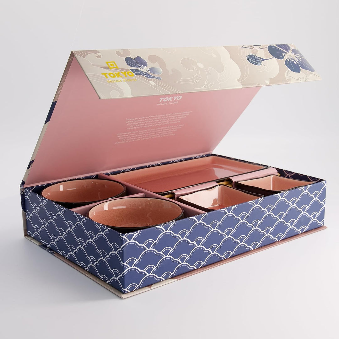 TOKYO design studio, Grau, Set mit 2 Teller + 2 Sauce Schalen + 2 Reis Schalen+ 2 Essstäbchen, 8-TLG