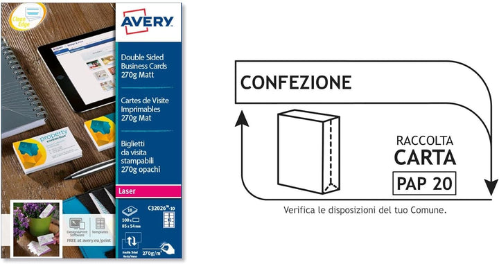 Avery C 32026–25-cartes Visitenkarten doppelseitig Satin 32026–25 250 Karten (C), 25