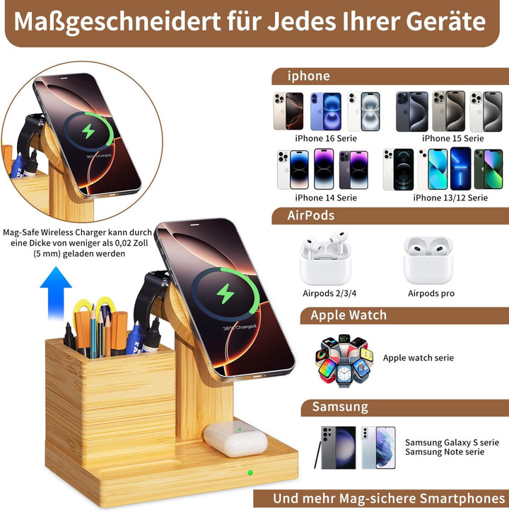 Drahtloser Ladeständer für Mag-Safe - 4 in 1 drahtlose Ladestation mit Stifthalter, Bambus-Schnellla