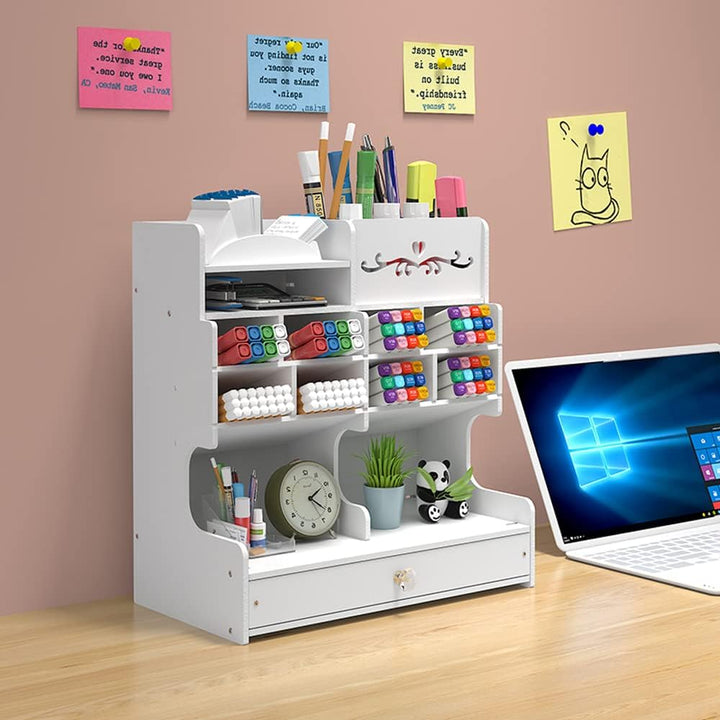 Hggzeg Weisser Schreibtisch-Organizer mit Schublade, DIY-Bleistifthalter, Schreibtisch-Organizer für