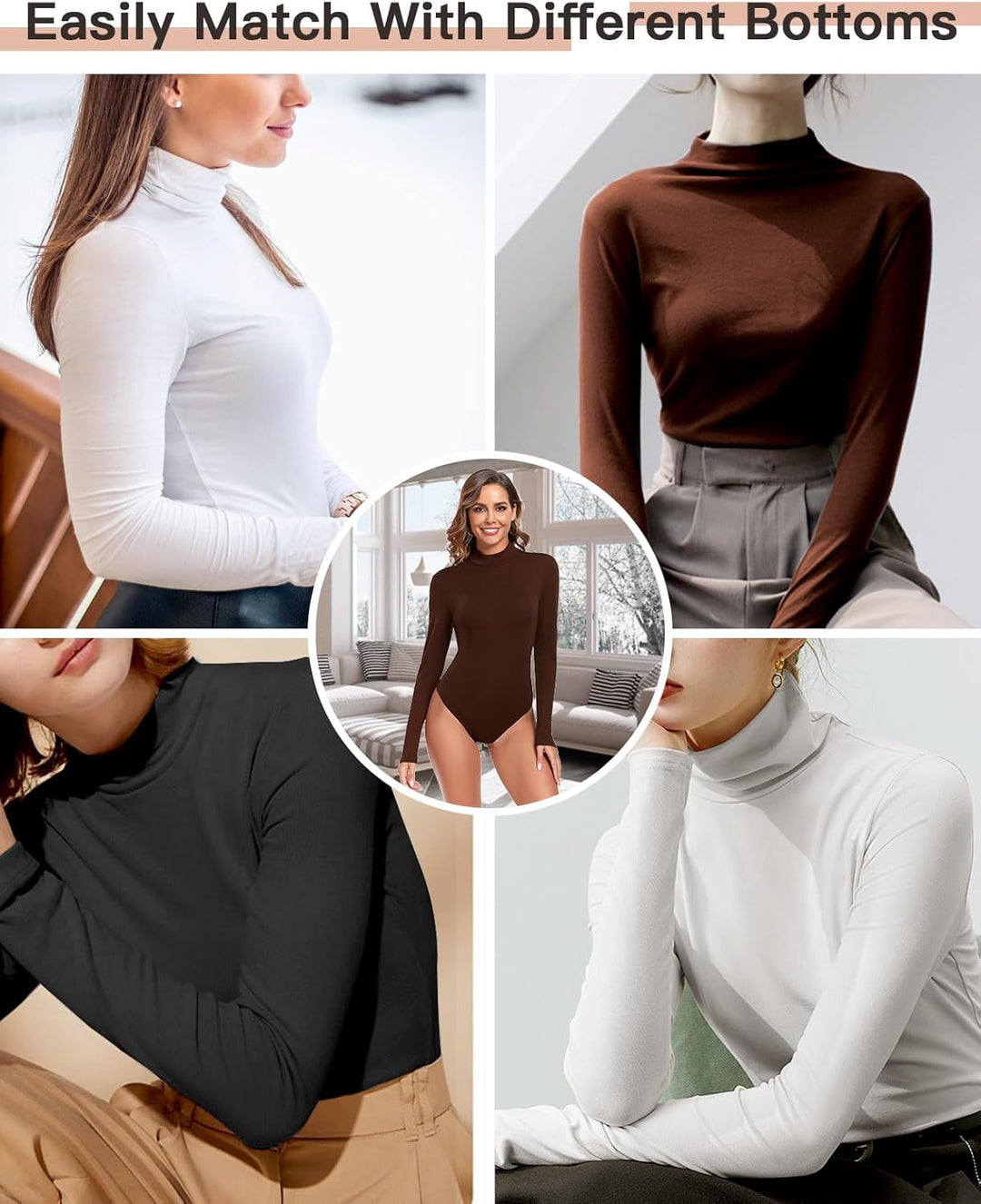 WOWENY Damen Body Langarm mit Stehkragen - Thermo Bodysuit Fleece Oberteile Shirts Rolli Pullover Ro