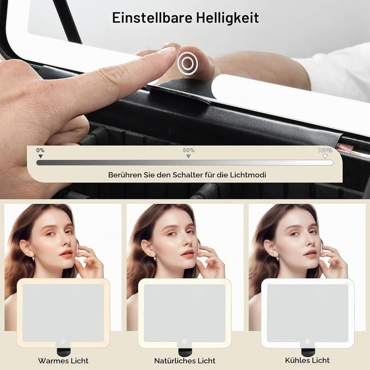 Leder-Kosmetiktasche mit LED-beleuchtetem Spiegel Reise-Kosmetikkoffer Einstellbare Helligkeit in 3