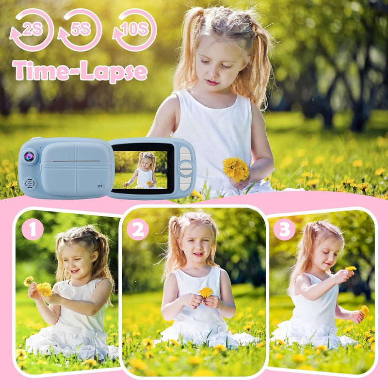 Misilmp Sofortbildkamera Kinder, Digital Kinderkamera 3.5" Zero-Ink-Druckpapier und 32GB TF-Karte,10