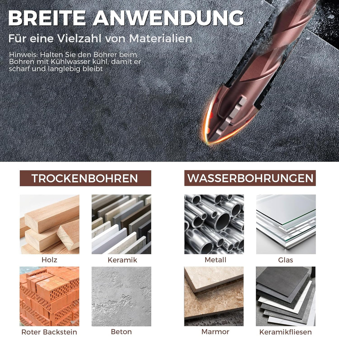 Fliesenbohrer Set 10 tlg, Steinbohrer Set mit Kobalt, Glasbohrer set 3-12mm, 6,35 mm Sechskantschaft