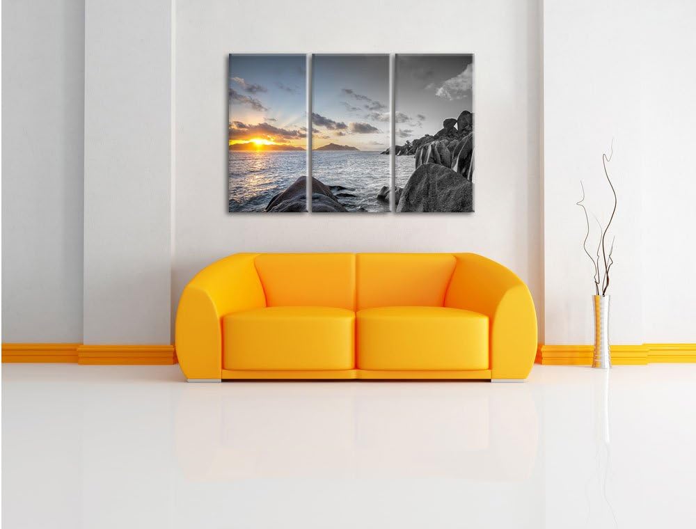 Pixxprint Sonnenuntergang Seychellen als Leinwandbild | Grösse: 3 Teilig (120x80) | Wandbild| Kunstd