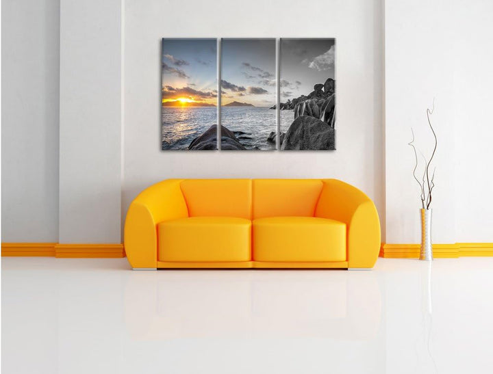 Pixxprint Sonnenuntergang Seychellen als Leinwandbild | Grösse: 3 Teilig (120x80) | Wandbild| Kunstd