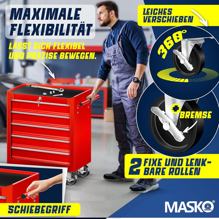 MASKO® Werkstattwagen - 5 Schubladen, Abschliessbar | Massives Metall | Mobiler Werkzeug-Wagen ohne