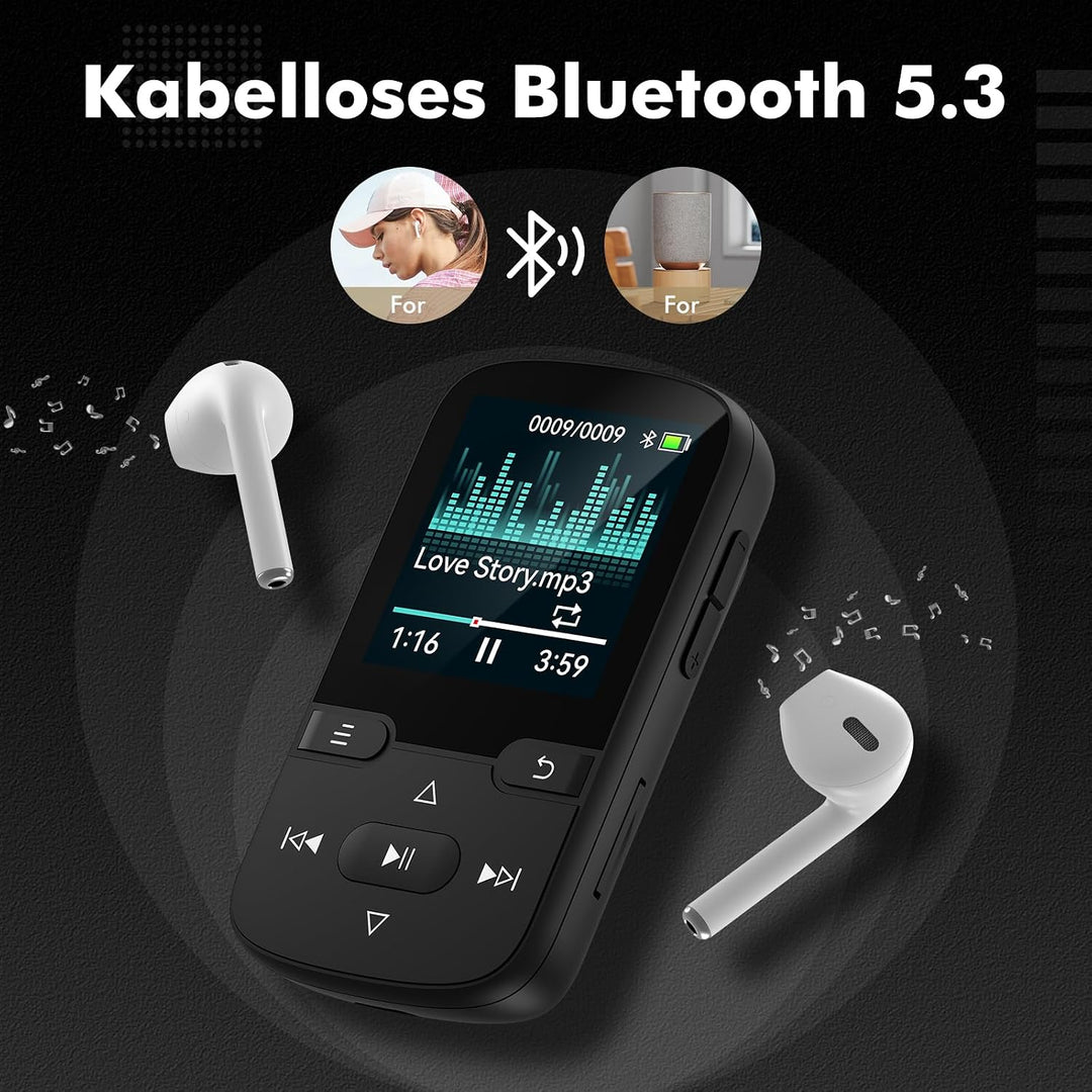64 GB MP3 Player Bluetooth 5.3 mit Clip Kinder Tragbarer HiFi-Sport-Musikplayer (28g), FM-Radio, Sch
