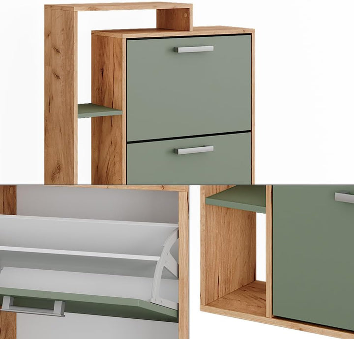 Vicco Schuhkipper Orlando, Goldkraft Eiche/Grün, 80 x 128.3 cm mit 3 Fächern, Goldkraft Eiche/Gr